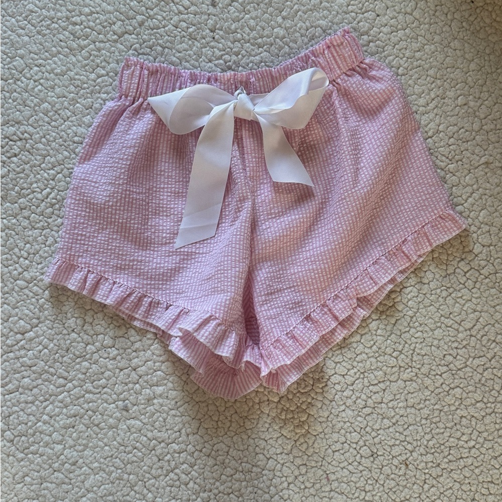 Light Pink Seersucker Ruffle Hem Athletic Shorts with White Bow